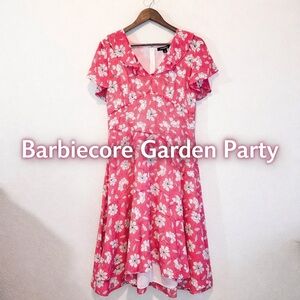 Barbiecore Pink Floral Fit Flare Dress Coquette Garden Party 8